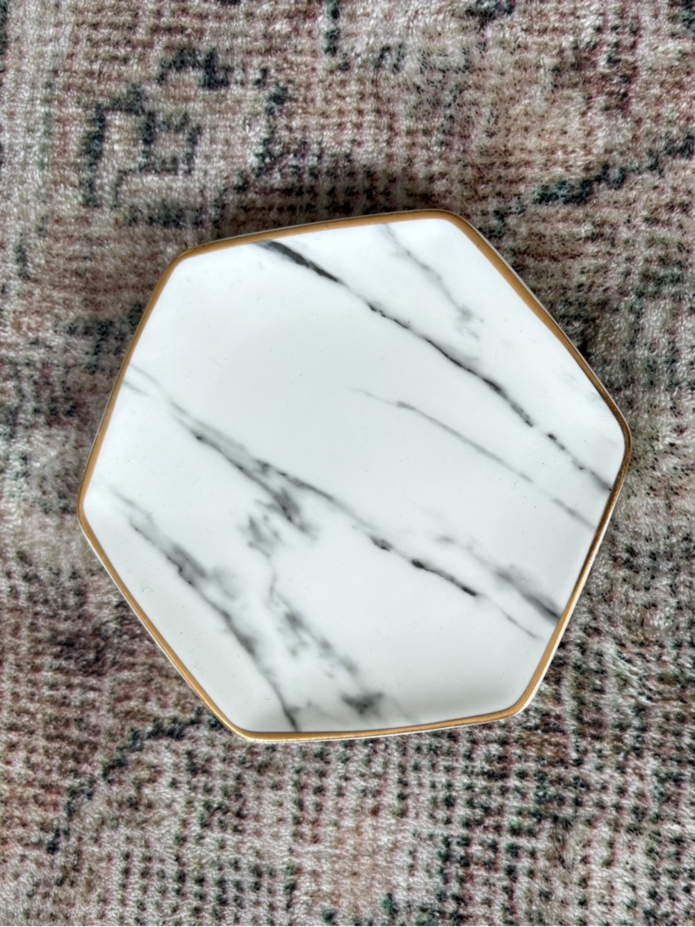 White Marble Hexagon Serving Plate with Gold Rim